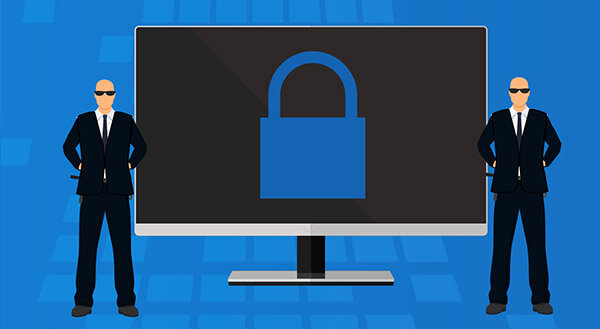 clipart of two security guards standing in front of a locked monitor