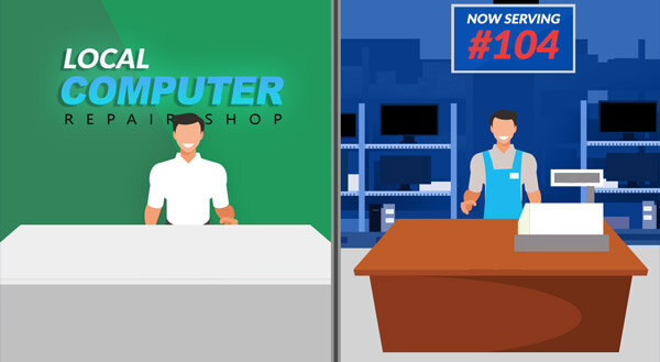 clipart comparing local computer shop and big box computer shops