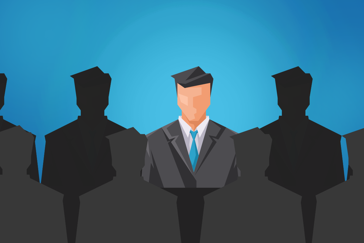 man in suit sticking out from the crowd of silhouettes clipart