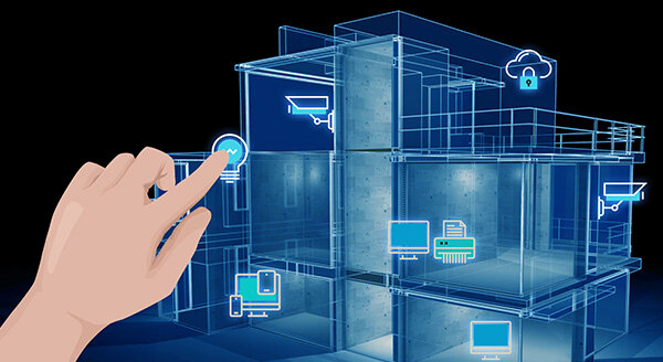 3D blueprints for a building, with technology images
