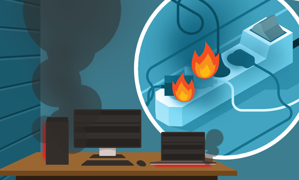 clipart of a setup burning down because too many things were plugged into the same powerbar