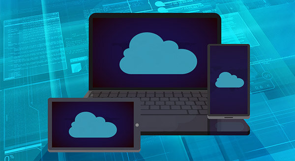 clipart laptop, phone and tablet with clouds on them